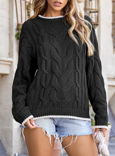 Trendy Black Color Block Crewneck Sweater for Women