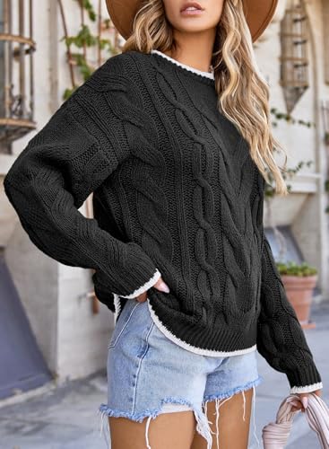 Trendy Black Color Block Crewneck Sweater for Women