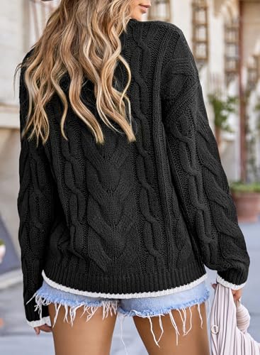 Trendy Black Color Block Crewneck Sweater for Women