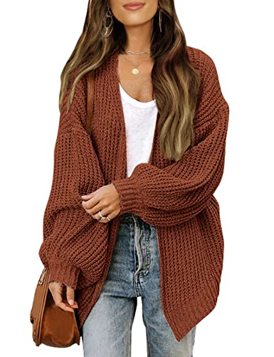 MEROKEETY Women's Oversized Lantern Sleeve Cardigan - Caramel