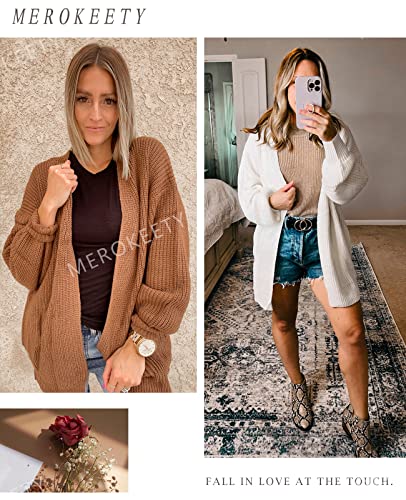MEROKEETY Women's Oversized Lantern Sleeve Cardigan - Caramel