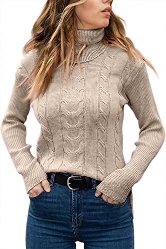 Beige Long Sleeve Cable Knit Turtleneck Sweater