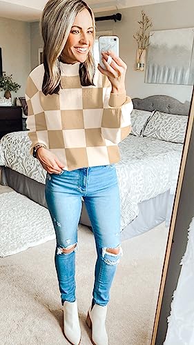 ZESICA Women's Striped Knit Turtleneck Sweater - Khaki