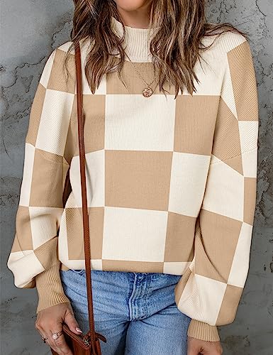 ZESICA Women's Striped Knit Turtleneck Sweater - Khaki