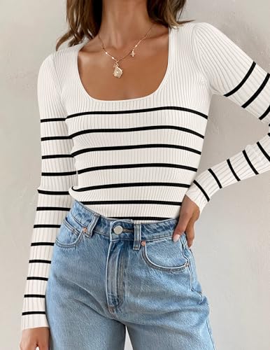 ZESICA Women's Square Neck Ribbed Sweater Pullover