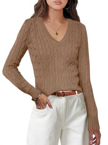 ANRABESS Women's Cable Knit V-Neck Sweater - Khaki