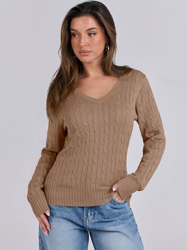 ANRABESS Women's Cable Knit V-Neck Sweater - Khaki