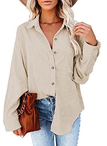 Dokotoo Women's Corduroy V-Neck Roll-Up Shirt Beige