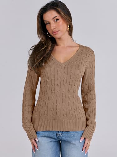 ANRABESS Women's Cable Knit V-Neck Sweater - Khaki