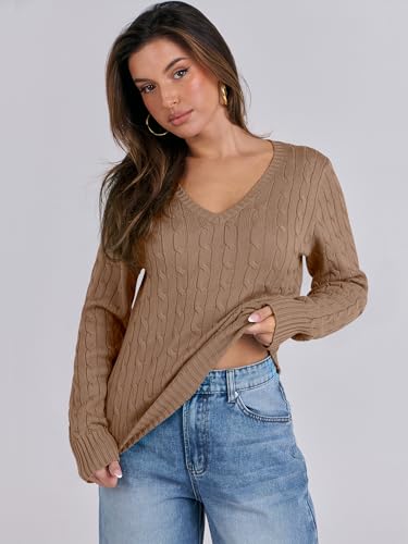 ANRABESS Women's Cable Knit V-Neck Sweater - Khaki
