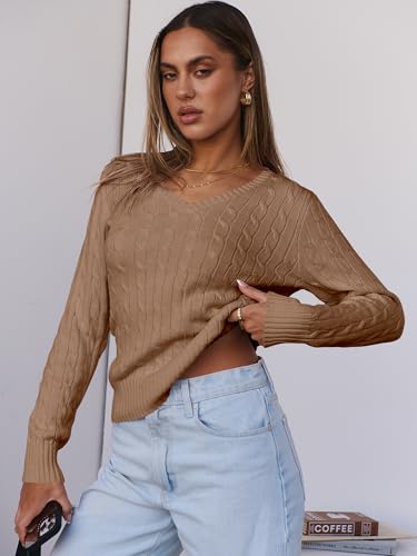 ANRABESS Women's Cable Knit V-Neck Sweater - Khaki