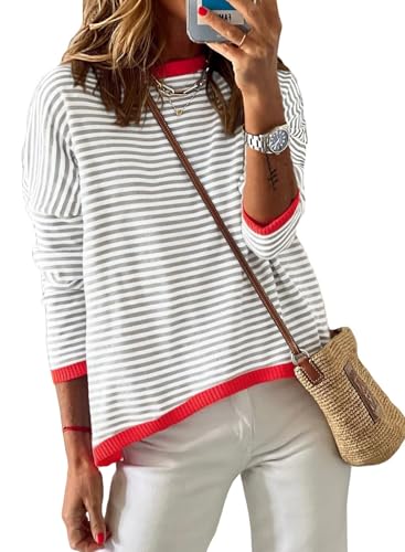 Dokotoo Women's Fall Striped Crewneck Sweater