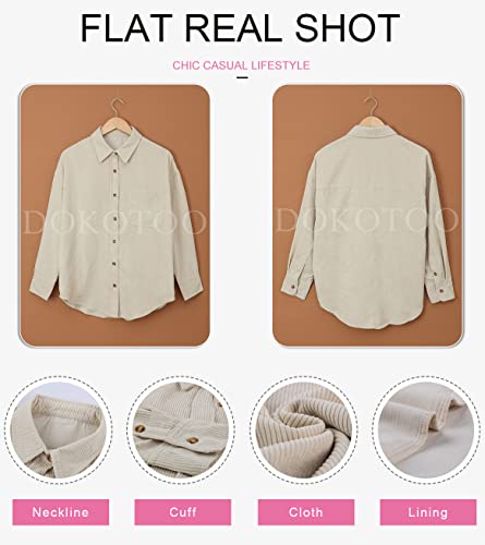 Dokotoo Women's Corduroy V-Neck Roll-Up Shirt Beige