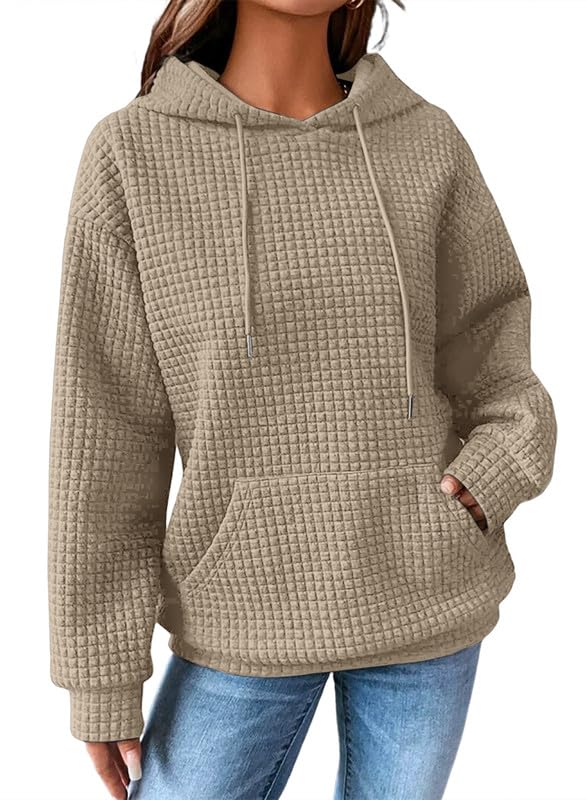 SHEWIN Women's Casual Waffle Hoodies - Khaki