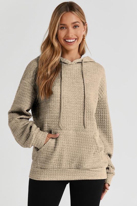 SHEWIN Women's Casual Waffle Hoodies - Khaki