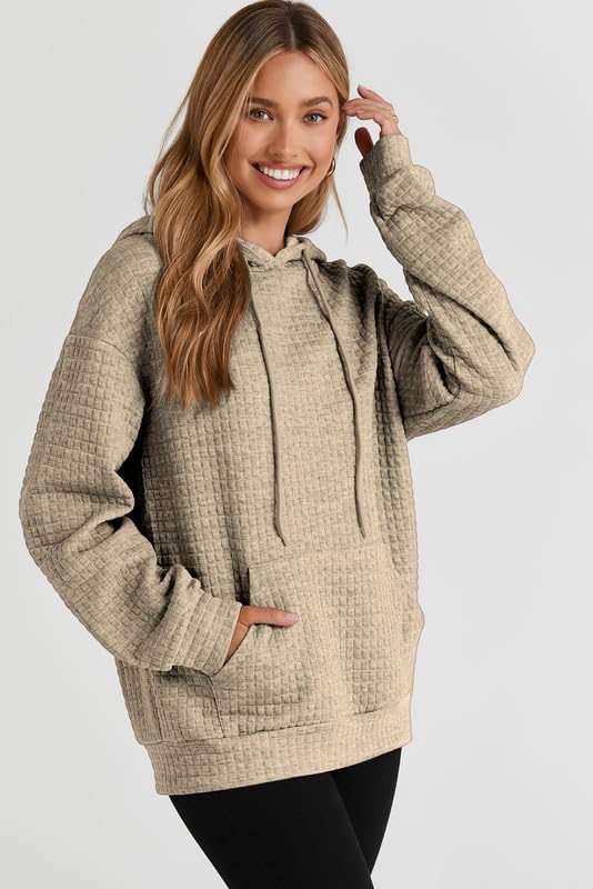 SHEWIN Women's Casual Waffle Hoodies - Khaki