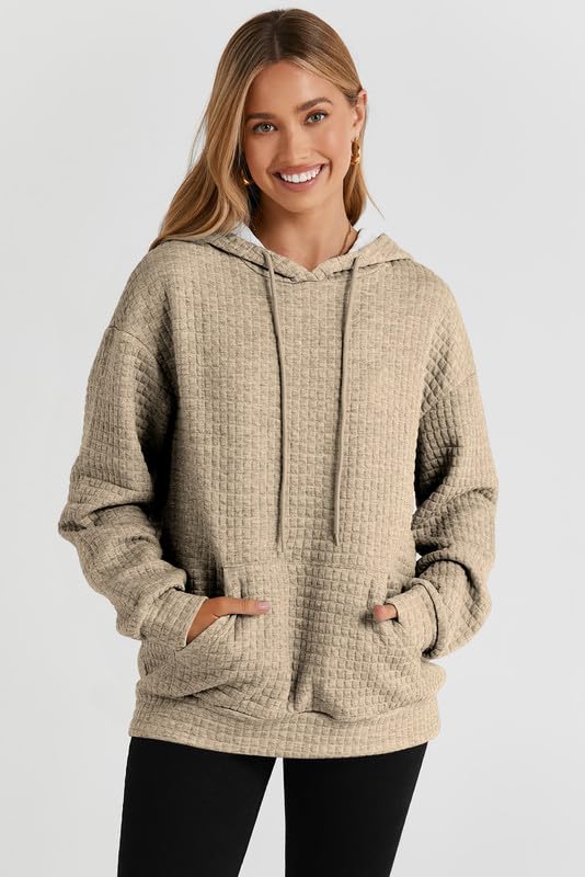 SHEWIN Women's Casual Waffle Hoodies - Khaki