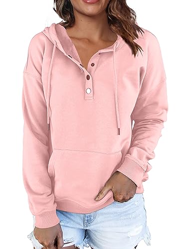 Pink Button Down Casual Hoodie with Pockets