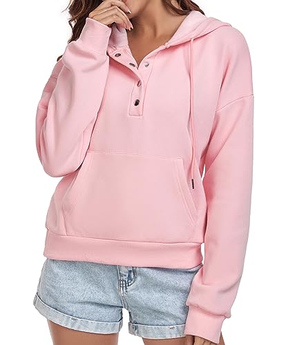 Pink Button Down Casual Hoodie with Pockets