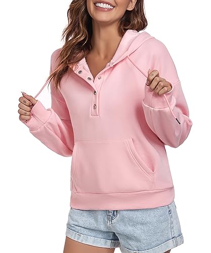 Pink Button Down Casual Hoodie with Pockets