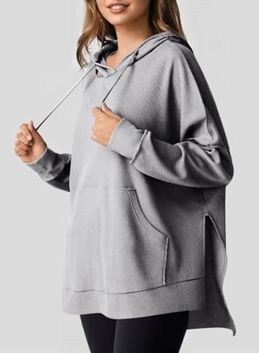 Oversized Gray Waffle Knit Hoodie for Women