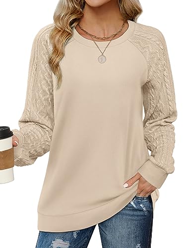 Saloogoe Women's Cable Knit Crewneck Sweatshirt - Khaki