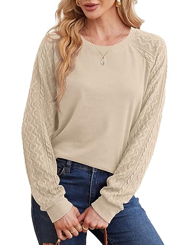 Saloogoe Women's Cable Knit Crewneck Sweatshirt - Khaki
