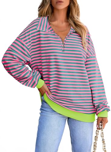 EVALESS Women's Striped Oversized Quarter Zip Sweatshirt