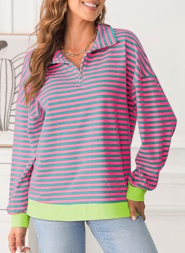 EVALESS Women's Striped Oversized Quarter Zip Sweatshirt