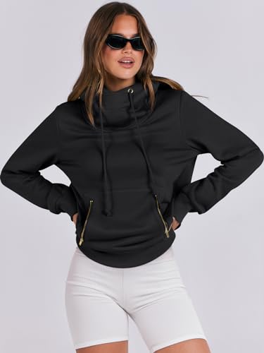 ANRABESS Women's Cowl Neck Hoodie Pullover - Black