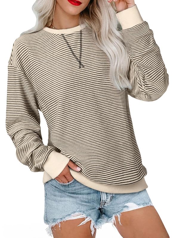 SHEWIN Women's Fall Hooded Sweatshirt - Apricot Stripe