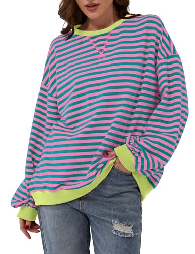 Pink Striped Color Block Oversized Sweatshirt for Women