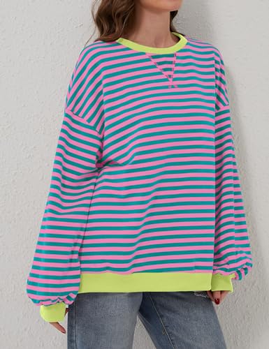 Pink Striped Color Block Oversized Sweatshirt for Women