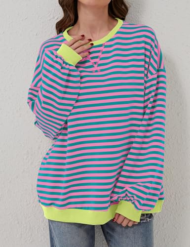 Pink Striped Color Block Oversized Sweatshirt for Women