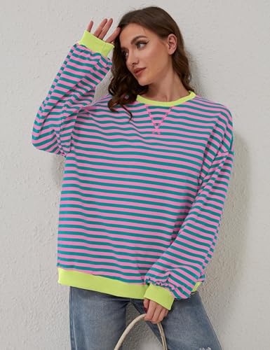 Pink Striped Color Block Oversized Sweatshirt for Women
