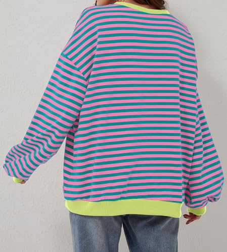 Pink Striped Color Block Oversized Sweatshirt for Women