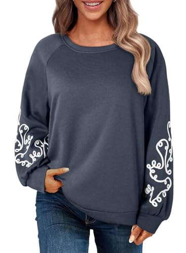 SHEWIN Women's Trendy Navy Crewneck Sweatshirt