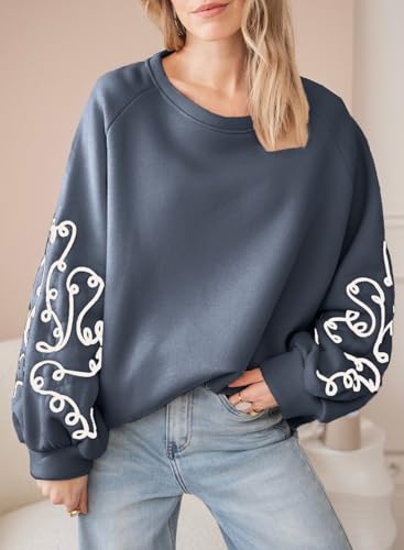 SHEWIN Women's Trendy Navy Crewneck Sweatshirt
