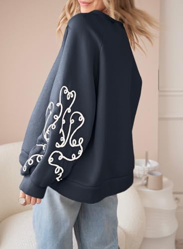SHEWIN Women's Trendy Navy Crewneck Sweatshirt