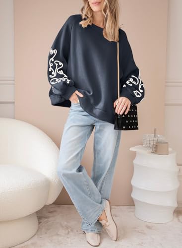 SHEWIN Women's Trendy Navy Crewneck Sweatshirt