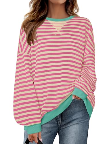 ZESICA Women's Pink Striped Oversized Sweatshirt
