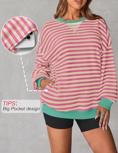 ZESICA Women's Pink Striped Oversized Sweatshirt