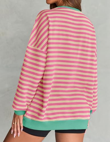 ZESICA Women's Pink Striped Oversized Sweatshirt