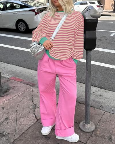 ZESICA Women's Pink Striped Oversized Sweatshirt