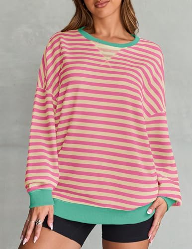 ZESICA Women's Pink Striped Oversized Sweatshirt