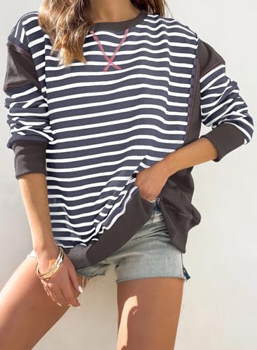 SHEWIN Women's Color Block Striped Long Sleeve Pullover
