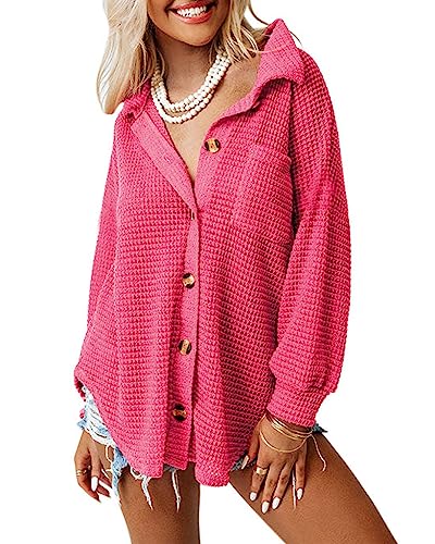 Hot Pink Oversized Button Up Pocket Shirt, Medium