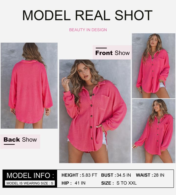 Hot Pink Oversized Button Up Pocket Shirt, Medium