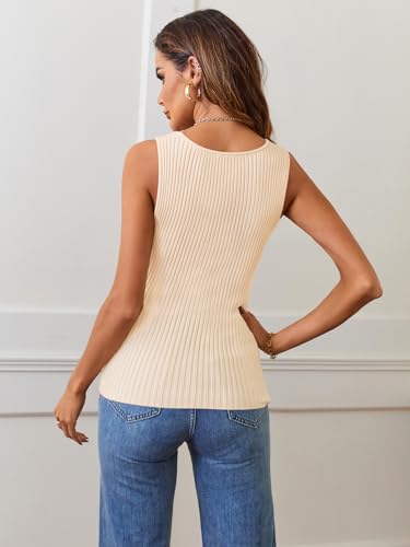 MEROKEETY Women's Beige Ribbed Square Neck Tank