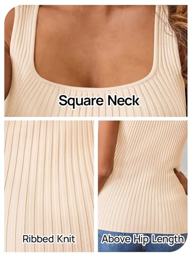MEROKEETY Women's Beige Ribbed Square Neck Tank